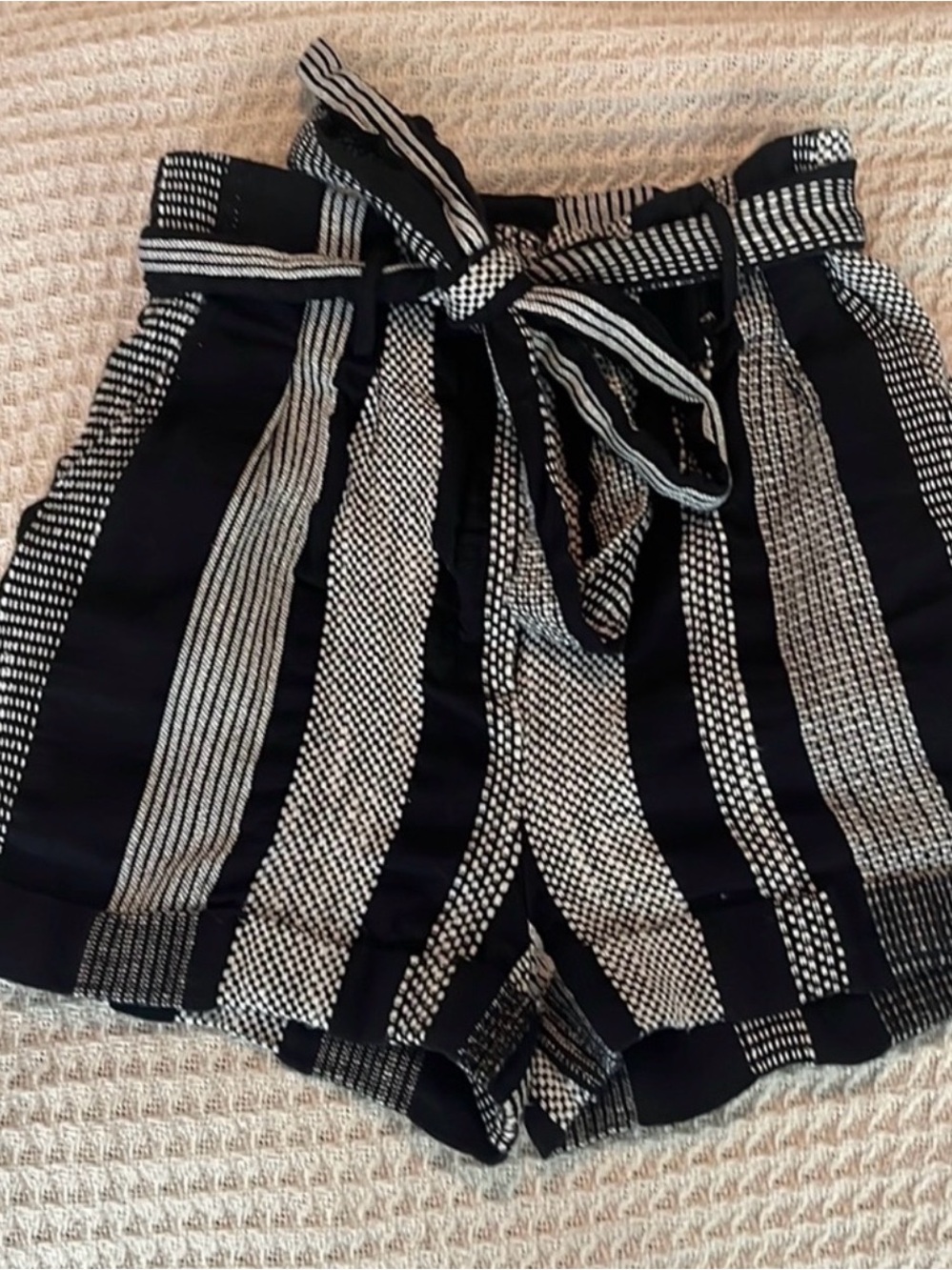 Honey Punch Black & White Striped High-Waist Tie-Belt Shorts